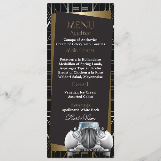 Classic Gatsby Deko White Limo Wedding Menu Menükarte (Vorderseite)
