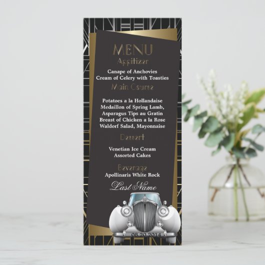 Classic Gatsby Deko White Limo Wedding Menu Menükarte (Stehend Vorderseite)