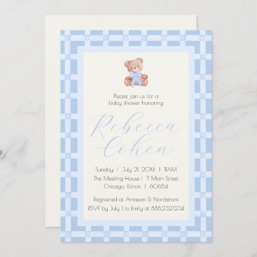 Classic Gingham Bear Baby Dusche Einladung (Vorne/Hinten)