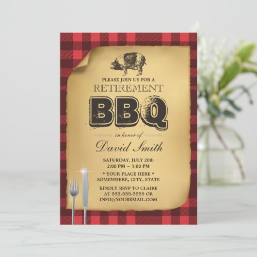 Classic Gingham Pig Roast Retirement Party GRILLEN Einladung (Stehend Vorderseite)