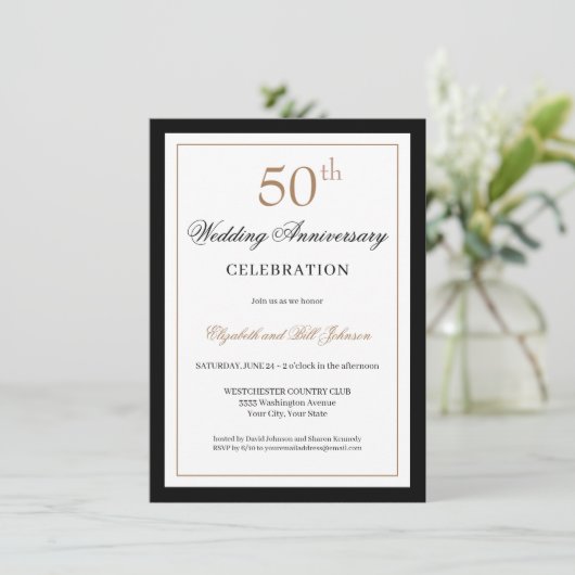 Classic Gold Black 50th Wedding Anniversary Einladung (Stehend Vorderseite)