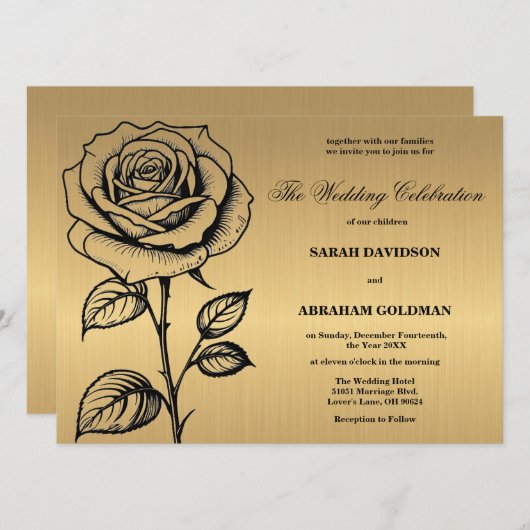 Classic Gold Black Rose Hochzeitseinladungen Einladung (Vorne/Hinten)