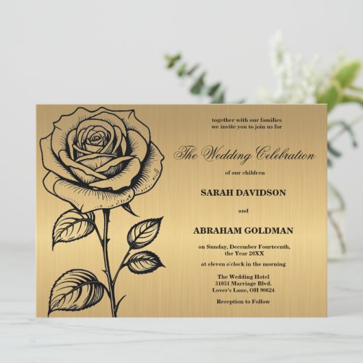 Classic Gold Black Rose Hochzeitseinladungen Einladung (Stehend Vorderseite)
