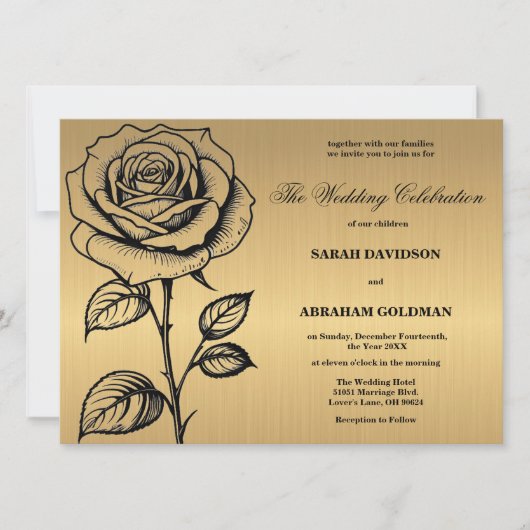 Classic Gold Black Rose Hochzeitseinladungen Einladung (Vorderseite)