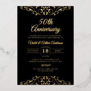 Classic Gold Black Swirl 50. Hochzeitstag Folieneinladung