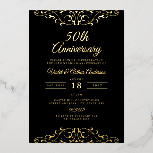 Classic Gold Black Swirl 50. Hochzeitstag Folieneinladung (Vorderseite)