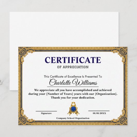 Classic Gold Blank Certificate Frame Printable Begleitkarte (Vorne/Hinten)