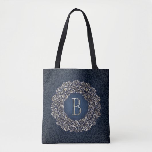 Classic gold Blue Letter B Damask Monogramm Tasche (Vorderseite)