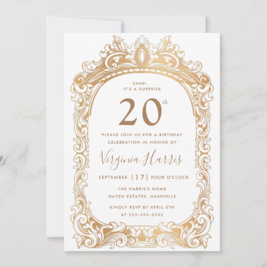 Classic Gold Border 20. Geburtstag Einladung (Vorderseite)