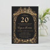Classic Gold Border Black 20. Geburtstag Einladung (Stehend Vorderseite)