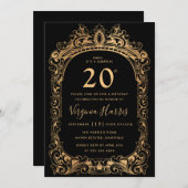 Classic Gold Border Black 20. Geburtstag Einladung (Vorne/Hinten)