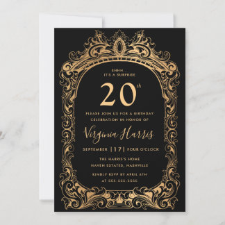 Classic Gold Border Black 20. Geburtstag Einladung