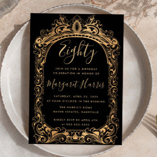 Classic Gold Border Black 80. Geburtstag Einladung