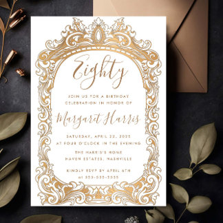 Classic Gold Border White 80. Geburtstag Einladung