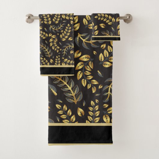 Classic Gold Bronze-Blätter auf schwarz Badhandtuch Set (Insitu)