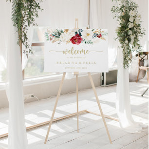 Classic Gold Burgund White Floral Wedding Willkomm Poster