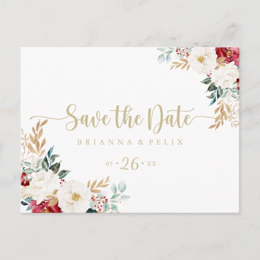 Classic Gold Burgundy Horizontal Save the Date Postkarte (Vorderseite)