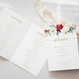 Classic Gold Burgundy White Floral Folded Wedding Programm