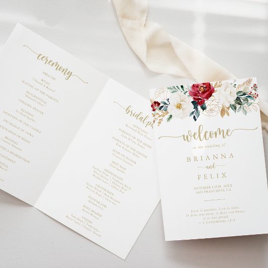 Classic Gold Burgundy White Floral Folded Wedding Programm