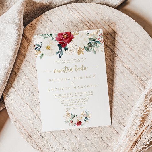 Classic Gold Burgundy White Floral Nuestra Boda Einladung