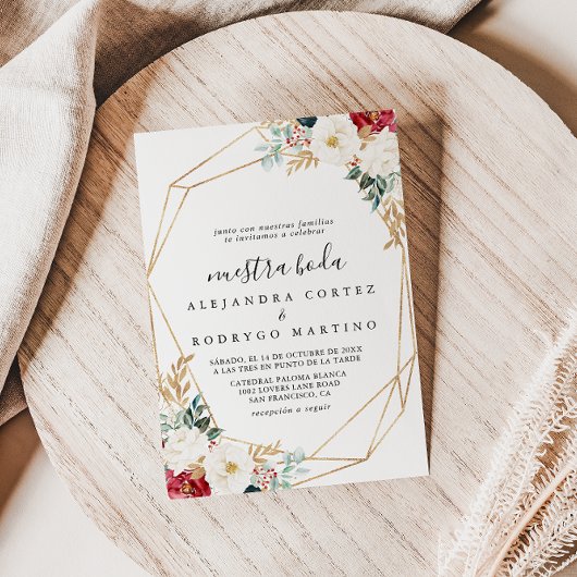 Classic Gold Burgundy White Floral Nuestra Boda Einladung