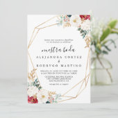 Classic Gold Burgundy White Floral Nuestra Boda Einladung (Stehend Vorderseite)