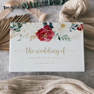 Classic Gold Burgundy White Floral Wedding Gästebuch