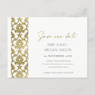 CLASSIC GOLD DAMASK FLORAL PATTERN SAVE THE DATE ANKÜNDIGUNGSPOSTKARTE