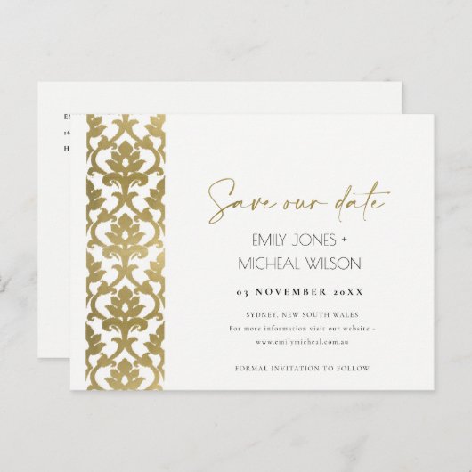 CLASSIC GOLD DAMASK FLORAL PATTERN SAVE THE DATE ANKÜNDIGUNGSPOSTKARTE (Vorne/Hinten)