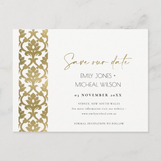 CLASSIC GOLD DAMASK FLORAL PATTERN SAVE THE DATE ANKÜNDIGUNGSPOSTKARTE (Vorderseite)