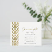 CLASSIC GOLD DAMASK FLORAL PATTERN SAVE THE DATE ANKÜNDIGUNGSPOSTKARTE (Stehend Vorderseite)