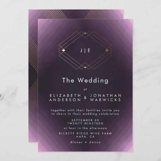 Classic Gold Deko Lila Calligraphy Monogram Einladung (Vorne/Hinten)