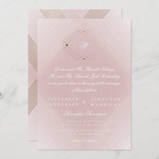Classic Gold Dusty Rose Pink Monogram Wedding Einladung (Vorne/Hinten)
