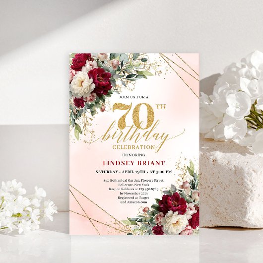 Classic Gold Floral Happy 70th Birthday Invitation Einladung