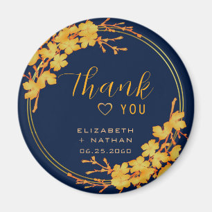 Classic Gold Floral Navy Blue Wedding Vielen Dank Magnet