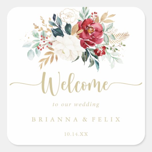 Classic Gold Floral Wedding Willkommen Quadratischer Aufkleber (Vorderseite)