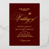 Classic Gold Foil Burgundy Script Wedding Folieneinladung (Vorderseite)