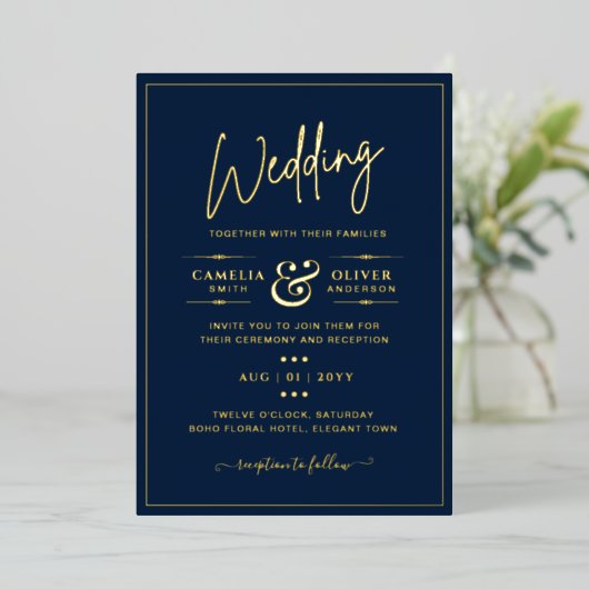 Classic GOLD FOIL Navy Elegante klassische Hochzei Folieneinladung (Stehend vorne)