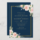 Classic Gold Frame Rosa Blush Bloral Navy Hochzeit Einladung (Vorne/Hinten)