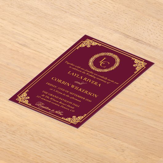 Classic Gold Frame Royal Monogram Wedding Acryleinladungen (Ablage )