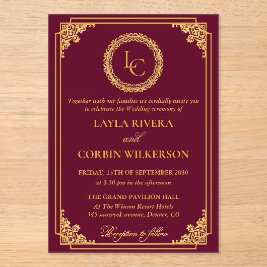 Classic Gold Frame Royal Monogram Wedding Acryleinladungen (Vorderseite)