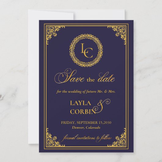 Classic Gold Frame Royal Monogram Wedding Save The Date (Vorderseite)