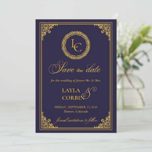 Classic Gold Frame Royal Monogram Wedding Save The Date (Stehend Vorderseite)