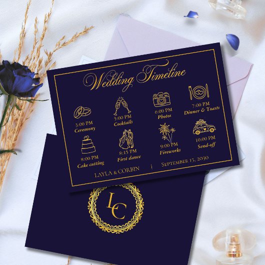 Classic Gold Frame Royal Monogram Wedding Timeline Begleitkarte