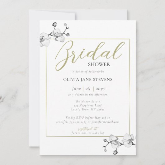 Classic Gold Frame Weißes Orchid BW-Brautparty Einladung (Vorderseite)