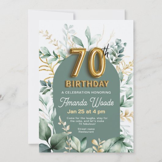 Classic Gold Greenery 70. Geburtstag Einladung (Vorderseite)
