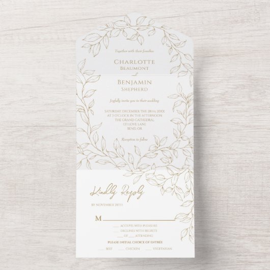 Classic Gold Greenery Wedding Entree Choice All In One Einladung (Innen Boden)