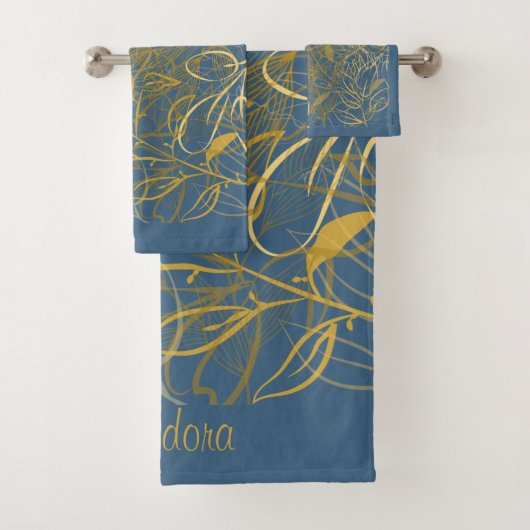 Classic Gold Leaf Blue Background Badhandtuch Set (Insitu)