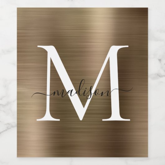 Classic Gold Monogram Girly Script Metallic Steel Weinetikett (Einzelnes Label)