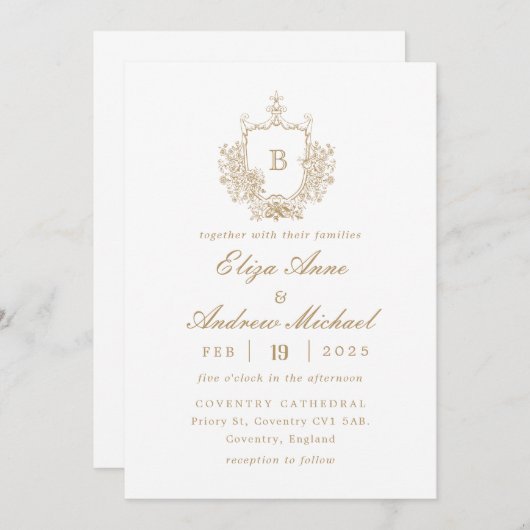 Classic Gold Monogram Wappen Hochzeitseinladung Einladung (Vorne/Hinten)